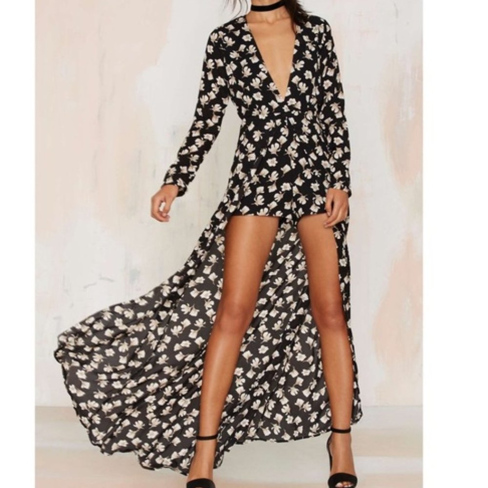 Lionness Maxi Dress Romper Black White Floral